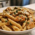 Close-up of creamy chicken pasta featuring penne noodles, seasoned chicken pieces, and fresh parsley garnish.