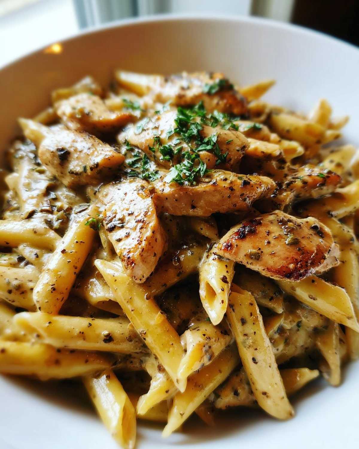 Close-up of creamy chicken pasta featuring penne noodles coated in a rich sauce and topped with seasoned chicken pieces.