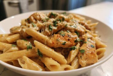 Close-up of creamy chicken pasta featuring penne noodles, seasoned chicken pieces, and fresh parsley garnish.