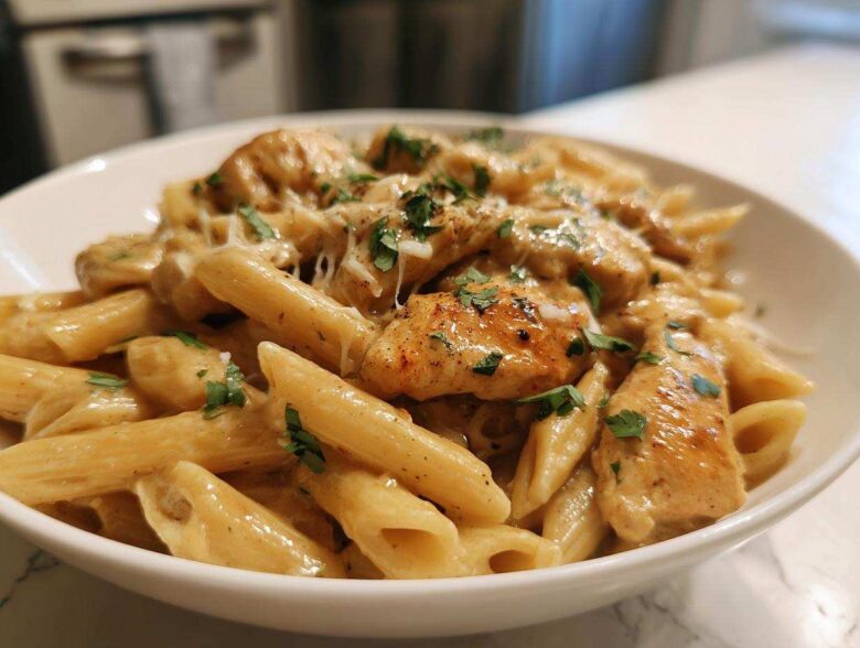 Close-up of creamy chicken pasta featuring penne noodles, seasoned chicken pieces, and fresh parsley garnish.