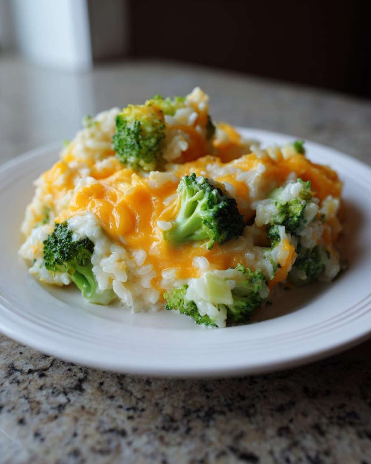 A close-up of a serving of One-Pot Creamy Broccoli Cheddar Rice topped with melted cheddar cheese.