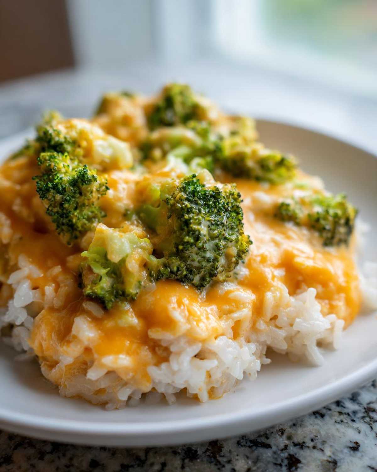 Close-up of a serving of One-Pot Creamy Broccoli Cheddar Rice topped with bright green broccoli florets.