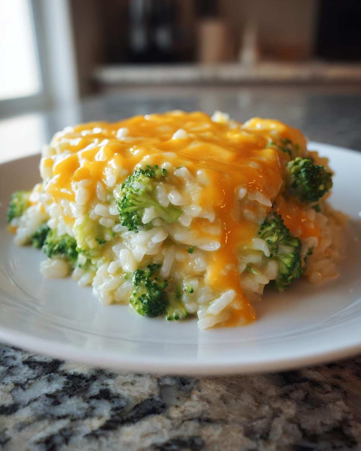 A serving of One-Pot Creamy Broccoli Cheddar Rice topped with melted orange cheddar cheese.