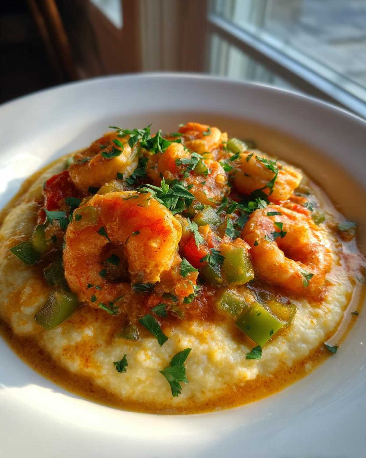 A close-up of creamy One-Pot Creamy Cajun Shrimp and Grits topped with green peppers and parsley.