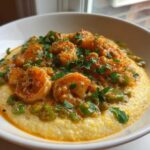 A close-up of One-Pot Creamy Cajun Shrimp and Grits served in a white bowl, topped with fresh parsley.