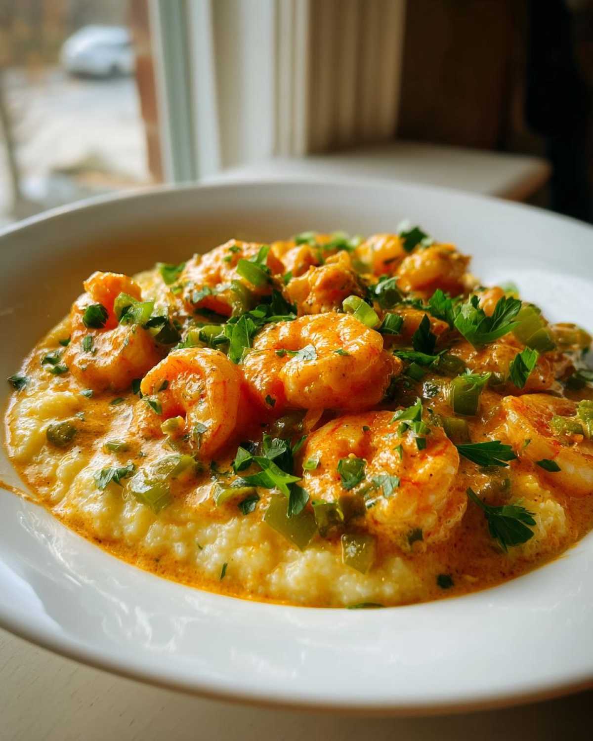 A close-up of a white bowl filled with One-Pot Creamy Cajun Shrimp and Grits, topped with fresh parsley.