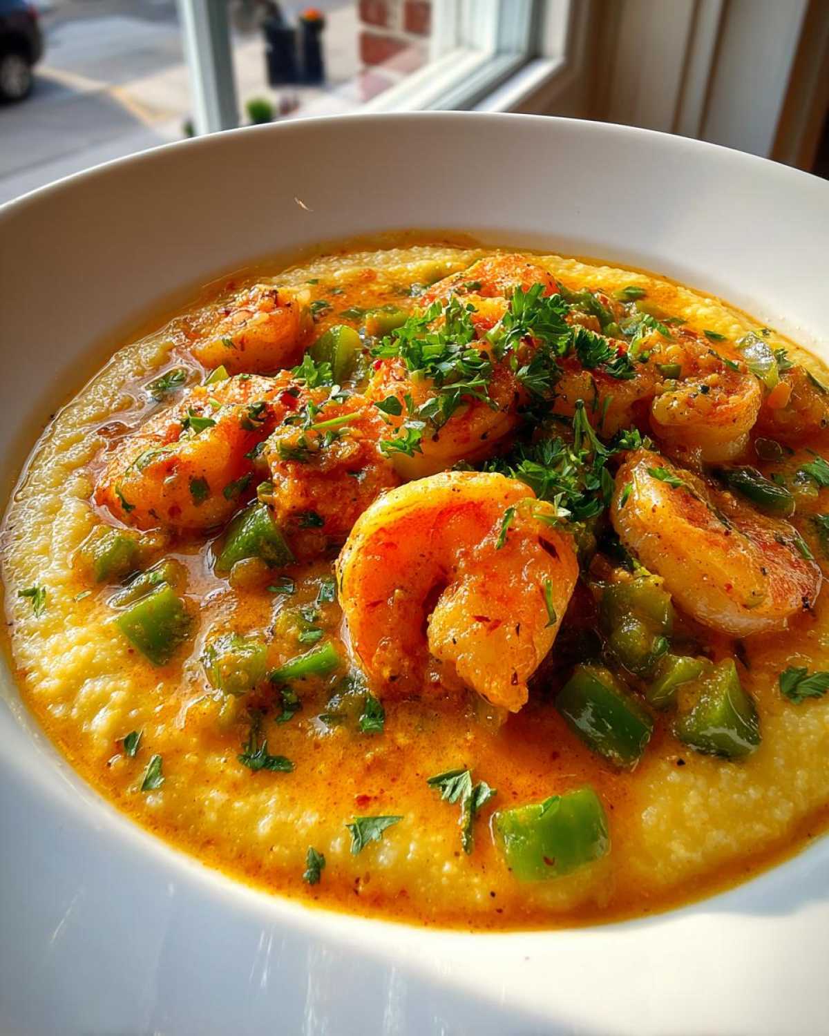 A close-up bowl of One-Pot Creamy Cajun Shrimp and Grits, featuring plump shrimp, green peppers, and fresh parsley garnish.