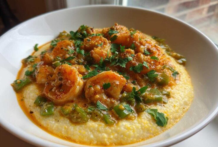 A close-up of One-Pot Creamy Cajun Shrimp and Grits served in a white bowl, topped with fresh parsley.