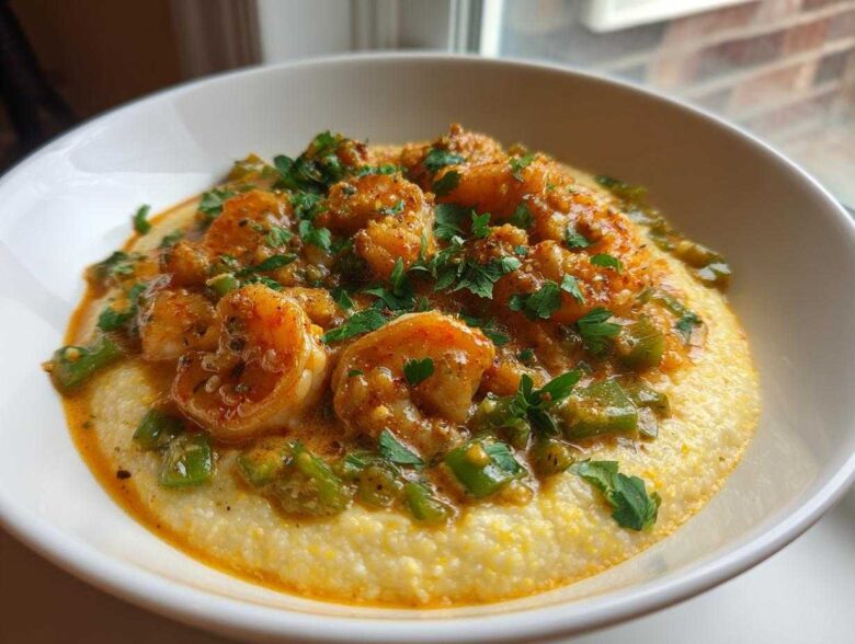 A close-up of One-Pot Creamy Cajun Shrimp and Grits served in a white bowl, topped with fresh parsley.
