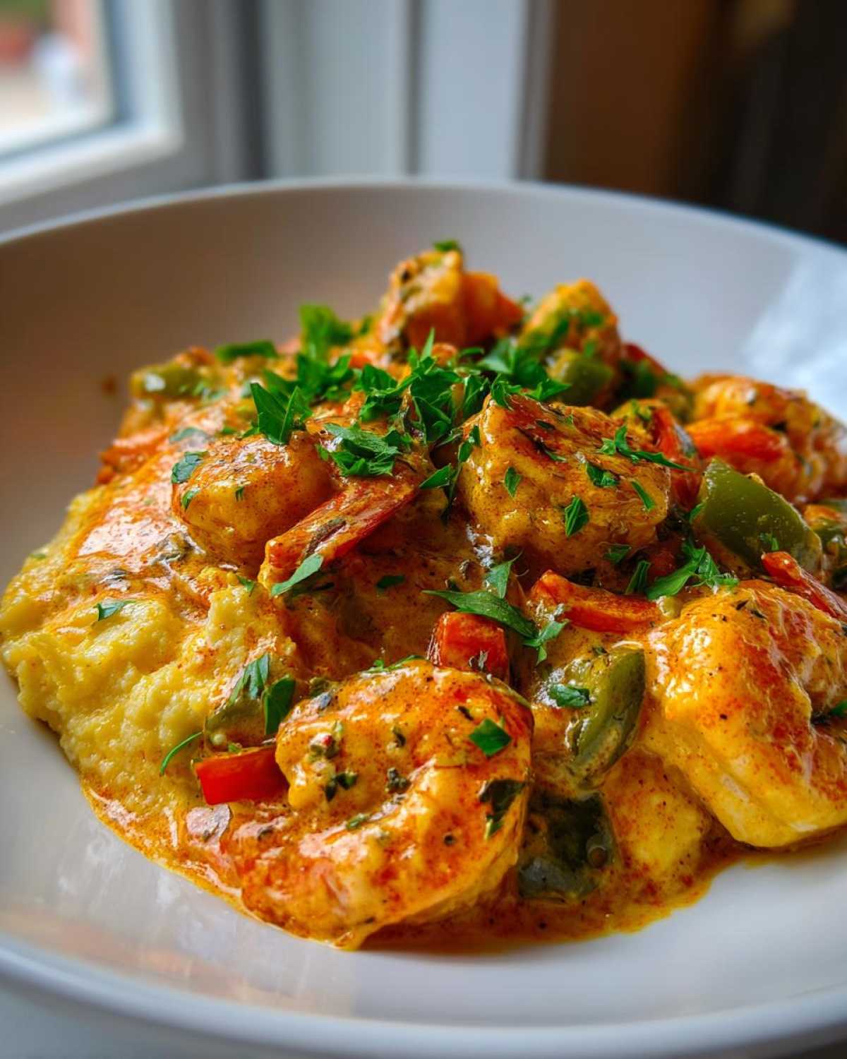 A close-up of a bowl of One-Pot Creamy Cajun Shrimp and Grits topped with fresh parsley.