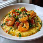 A close-up of a white bowl filled with creamy One-Pot Creamy Cajun Shrimp and Grits, topped with seasoned shrimp and fresh parsley.