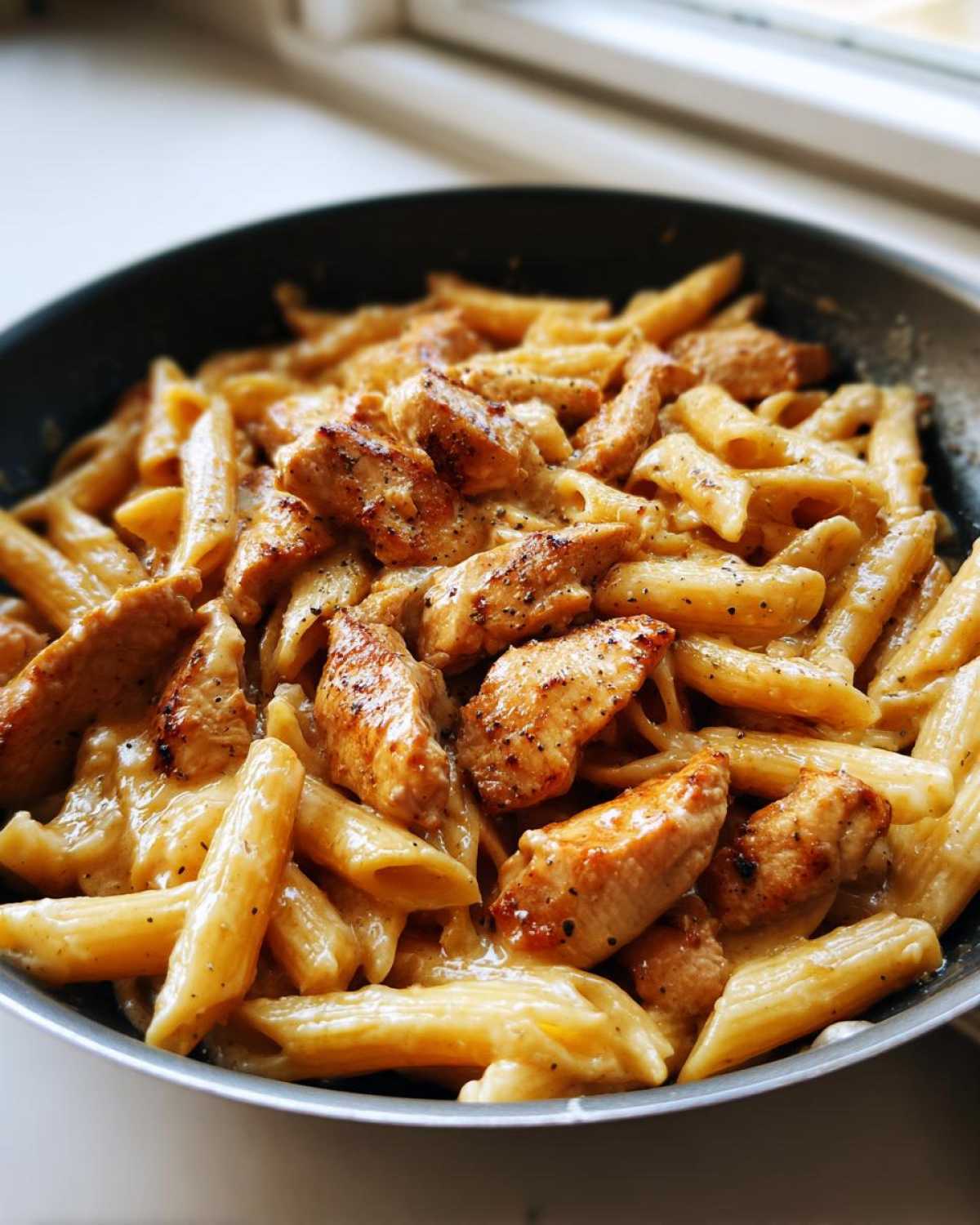 Close-up of creamy chicken pasta made with penne and seasoned chicken pieces in a dark skillet