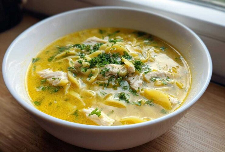 A close-up of a white bowl filled with One-Pot Creamy Lemon Chicken Noodle Soup, topped with fresh parsley.
