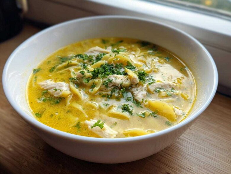 A close-up of a white bowl filled with One-Pot Creamy Lemon Chicken Noodle Soup, topped with fresh parsley.