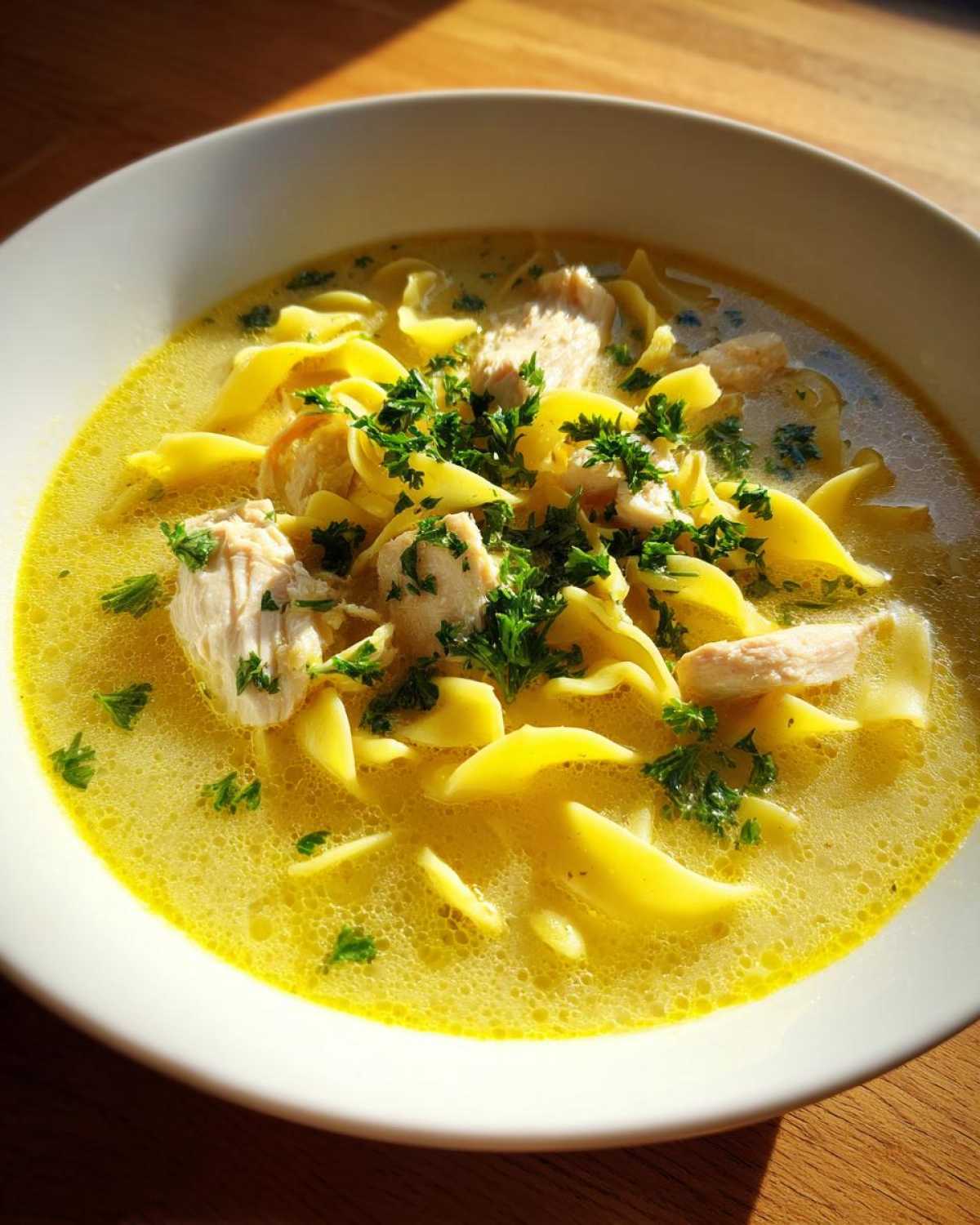 Close-up of a white bowl filled with One-Pot Creamy Lemon Chicken Noodle Soup, garnished with fresh parsley.