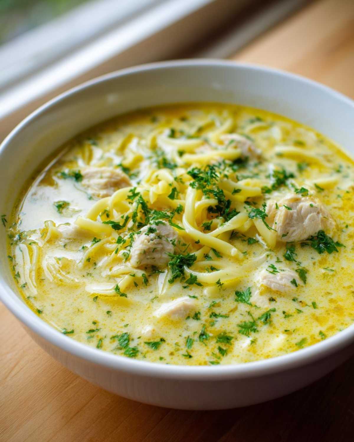 A close-up of a white bowl filled with One-Pot Creamy Lemon Chicken Noodle Soup, garnished with fresh parsley.