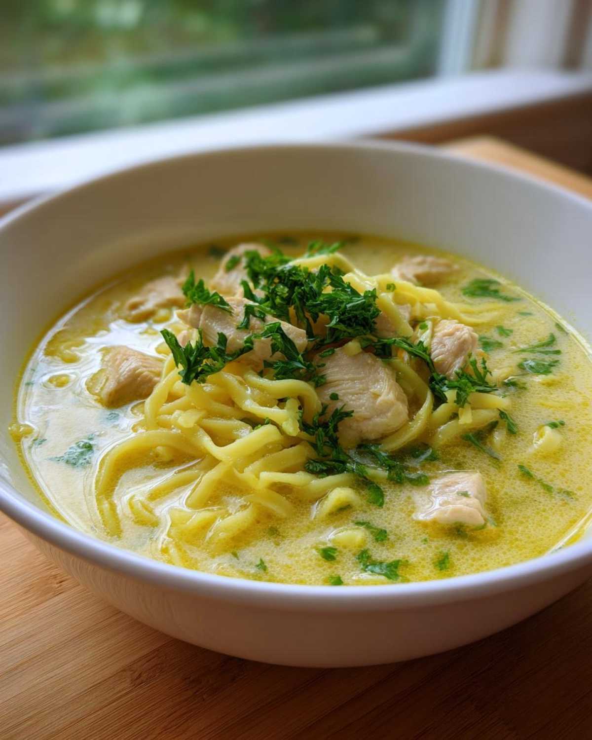 A close-up of One-Pot Creamy Lemon Chicken Noodle Soup featuring egg noodles, chicken chunks, and fresh parsley garnish.