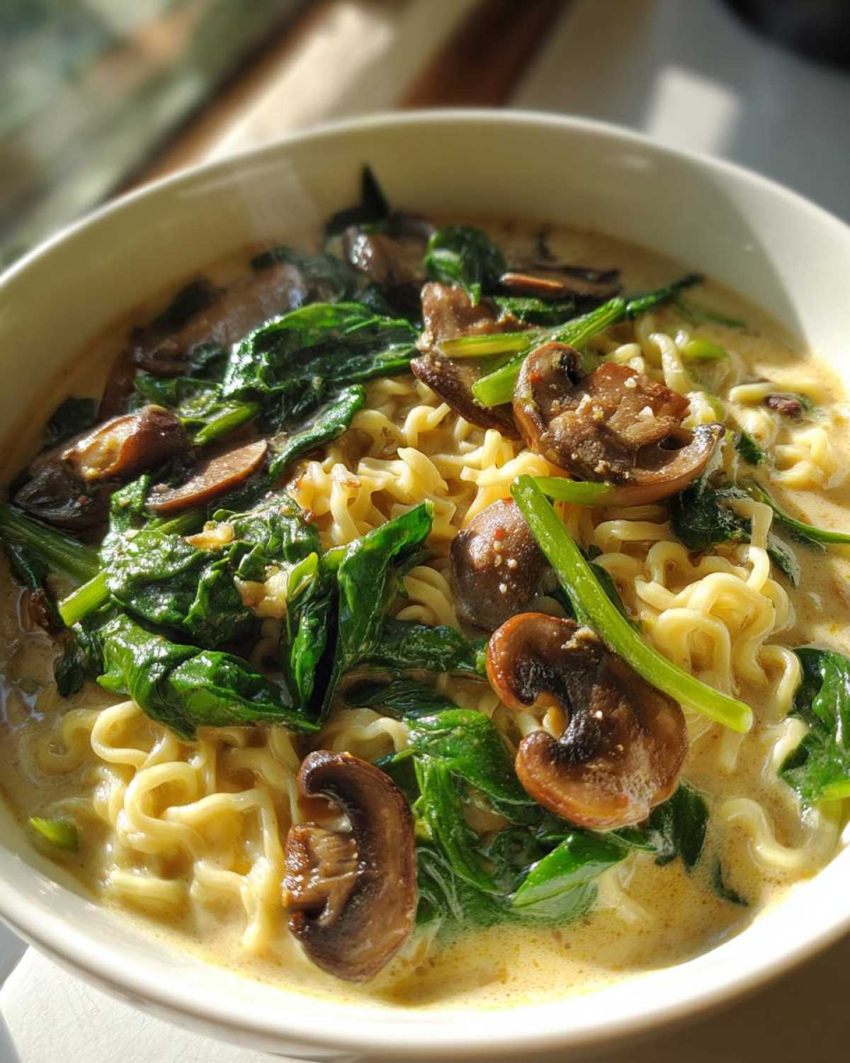 A close-up bowl of steaming One-Pot Creamy Mushroom Spinach Ramen featuring wavy noodles, dark mushrooms, and bright green spinach in a creamy broth.