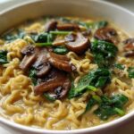 Close-up of One-Pot Creamy Mushroom Spinach Ramen featuring wavy noodles, wilted spinach, and sliced sautéed mushrooms in a rich broth.