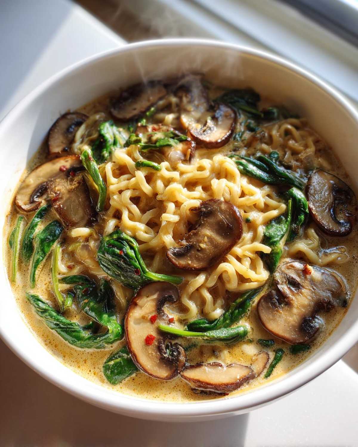 Close-up of a steaming white bowl filled with One-Pot Creamy Mushroom Spinach Ramen, featuring wavy noodles, sliced mushrooms, and wilted spinach.