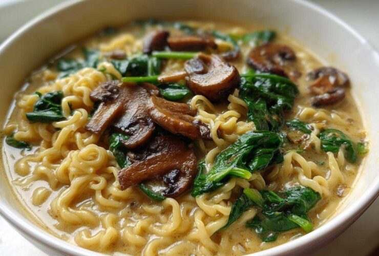Close-up of One-Pot Creamy Mushroom Spinach Ramen featuring wavy noodles, wilted spinach, and sliced sautéed mushrooms in a rich broth.