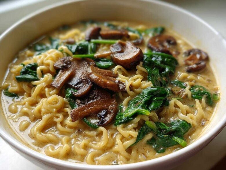 Close-up of One-Pot Creamy Mushroom Spinach Ramen featuring wavy noodles, wilted spinach, and sliced sautéed mushrooms in a rich broth.