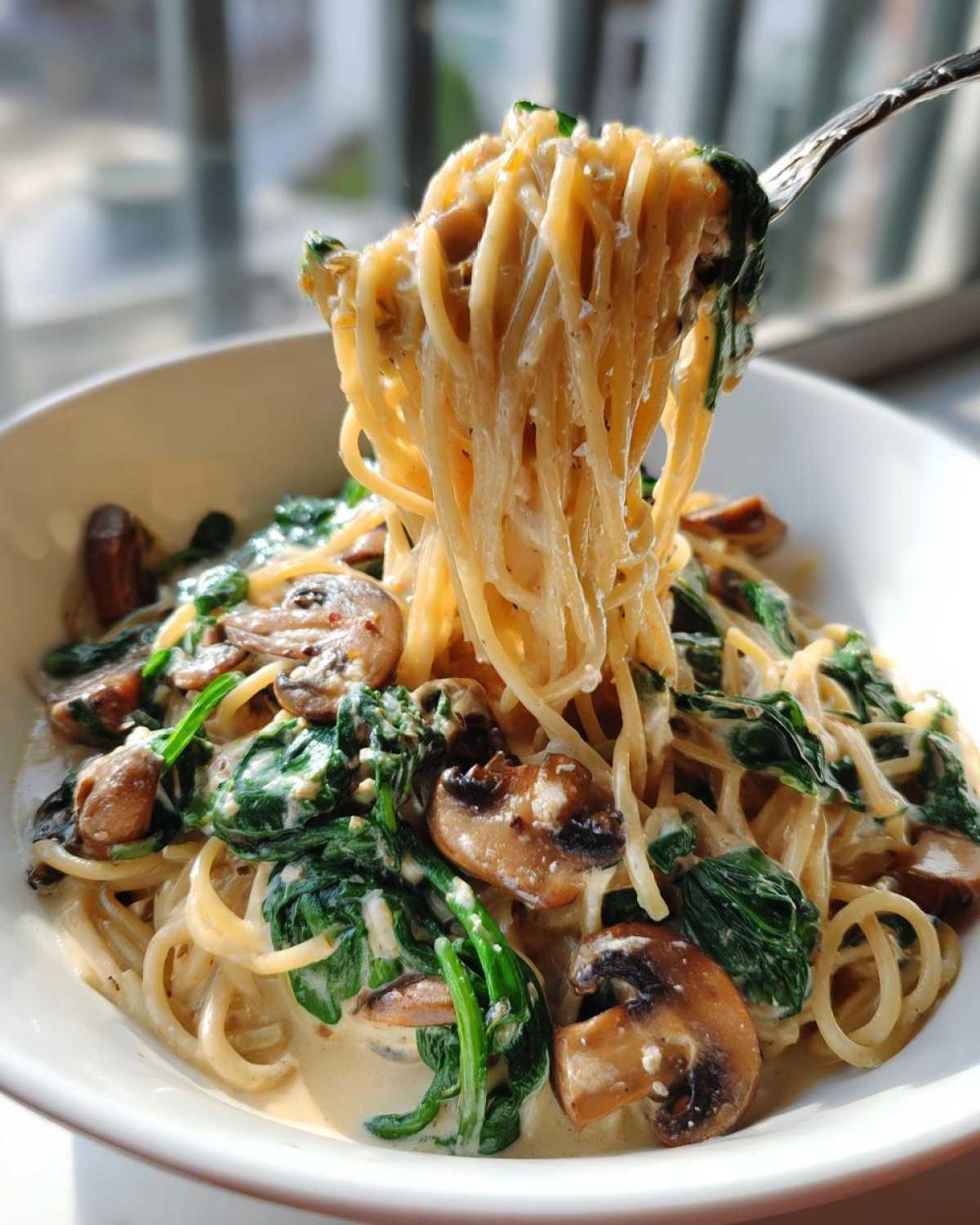 A fork lifting a generous portion of One-Pot Creamy Mushroom Spinach Ramen, showing creamy noodles, mushrooms, and wilted spinach.