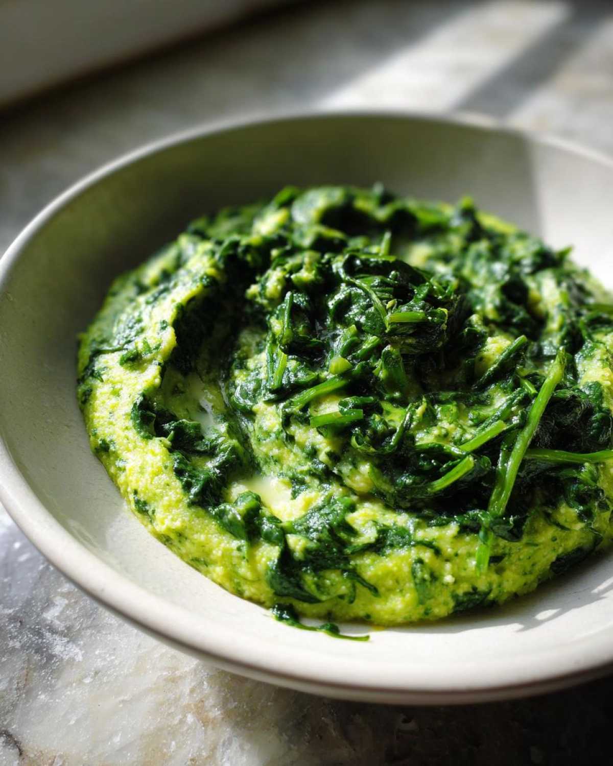 Close-up of One-Pot Creamy Spinach Parmesan Polenta served in a light-colored bowl.