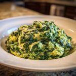 A close-up of a generous serving of One-Pot Creamy Spinach Parmesan Polenta topped with shaved Parmesan cheese.