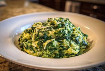 A close-up of a generous serving of One-Pot Creamy Spinach Parmesan Polenta topped with shaved Parmesan cheese.
