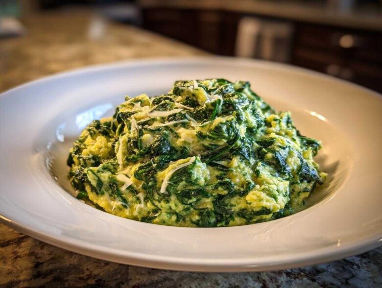 A close-up of a generous serving of One-Pot Creamy Spinach Parmesan Polenta topped with shaved Parmesan cheese.