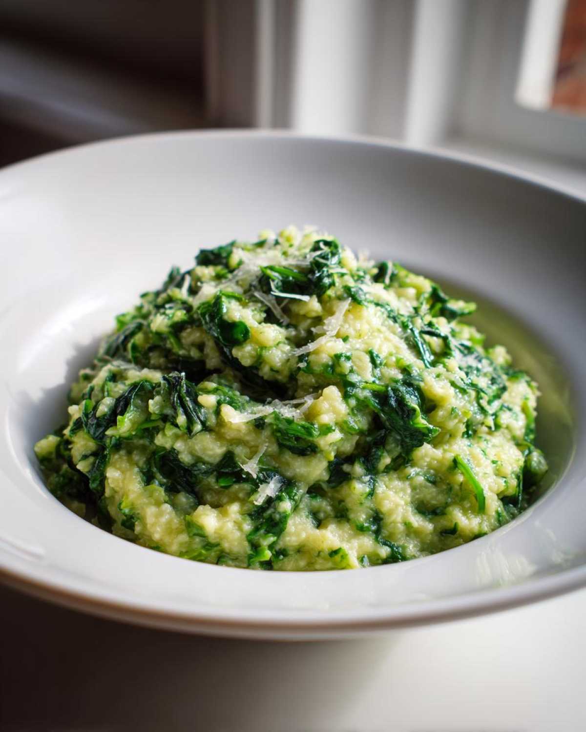 A close-up of One-Pot Creamy Spinach Parmesan Polenta served in a white bowl, topped with grated cheese.