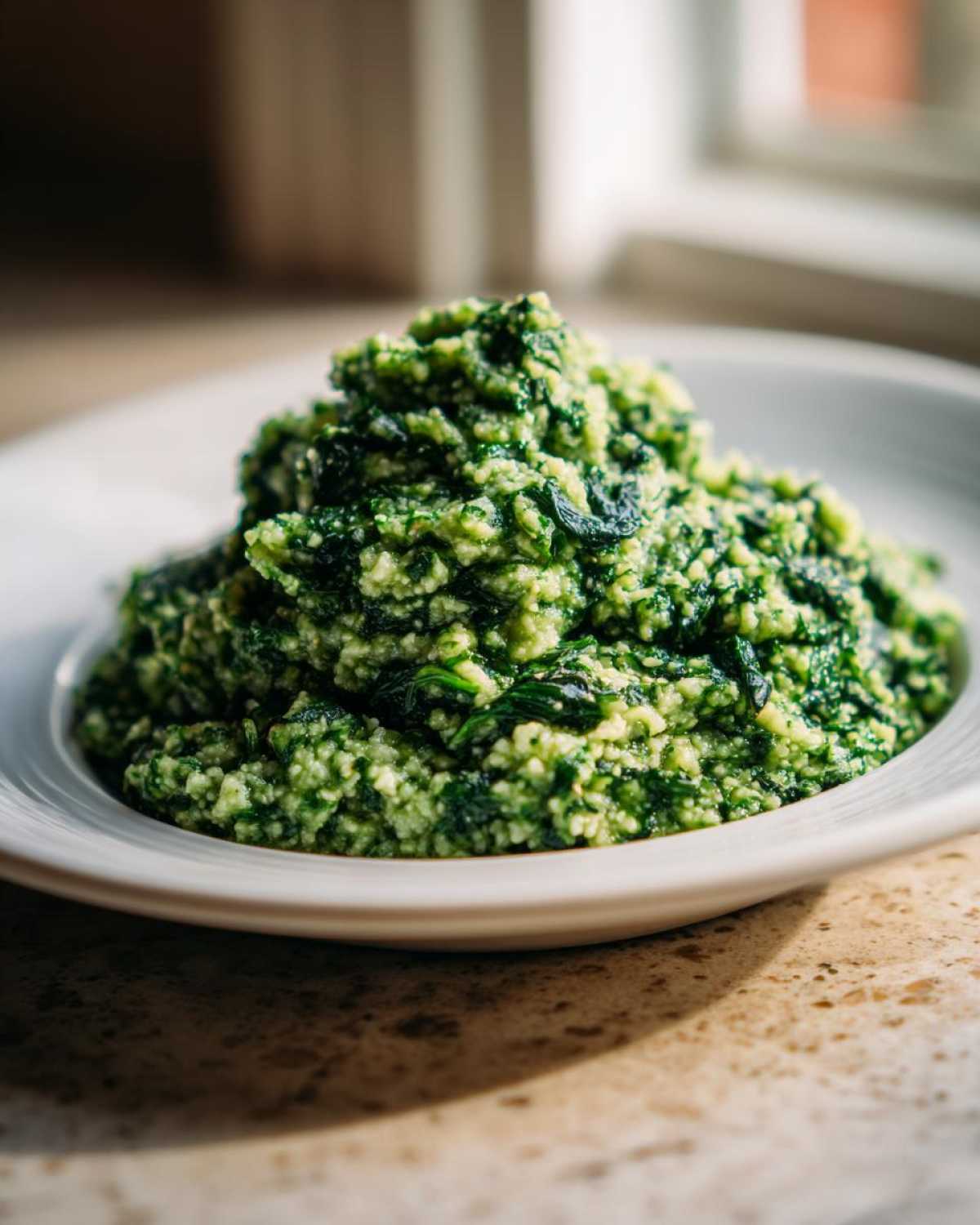 A mound of vibrant green One-Pot Creamy Spinach Parmesan Polenta served on a white plate.