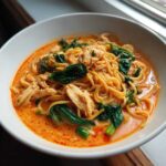 A close-up, appetizing shot of One-Pot Creamy Thai Red Curry Noodles with shredded chicken and wilted spinach in a white bowl.