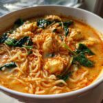 A close-up view of a white bowl filled with One-Pot Creamy Thai Red Curry Noodles, featuring noodles, tofu/chicken, and wilted spinach.