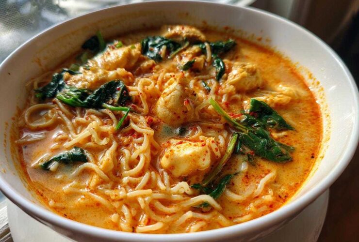 A close-up view of a white bowl filled with One-Pot Creamy Thai Red Curry Noodles, featuring noodles, tofu/chicken, and wilted spinach.