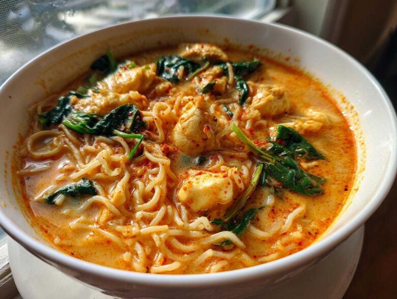 A close-up view of a white bowl filled with One-Pot Creamy Thai Red Curry Noodles, featuring noodles, tofu/chicken, and wilted spinach.