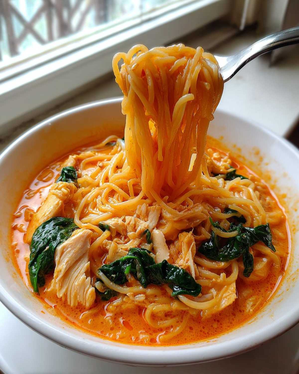 A fork lifts noodles coated in creamy orange sauce from a bowl of One-Pot Creamy Thai Red Curry Noodles with chicken and spinach.