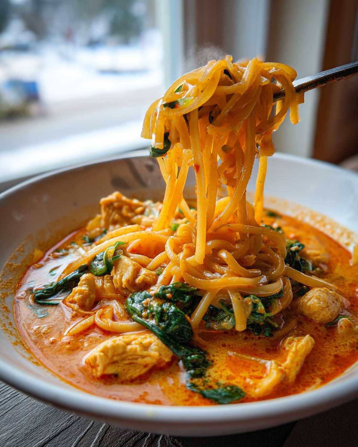 Close-up of noodles being lifted from a bowl of One-Pot Creamy Thai Red Curry Noodles with chicken and spinach.