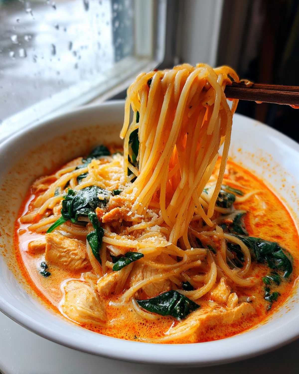 Close-up of chopsticks lifting noodles coated in rich sauce from a bowl of One-Pot Creamy Thai Red Curry Noodles with chicken and spinach.