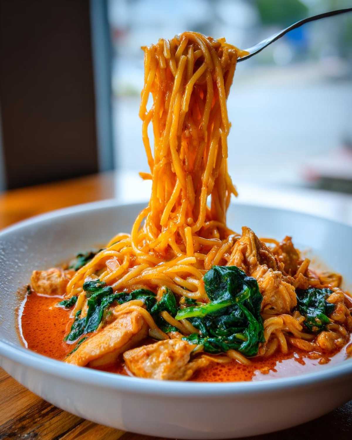 A fork lifts a tangle of noodles coated in rich sauce from a bowl of One-Pot Creamy Thai Red Curry Noodles with chicken and spinach.