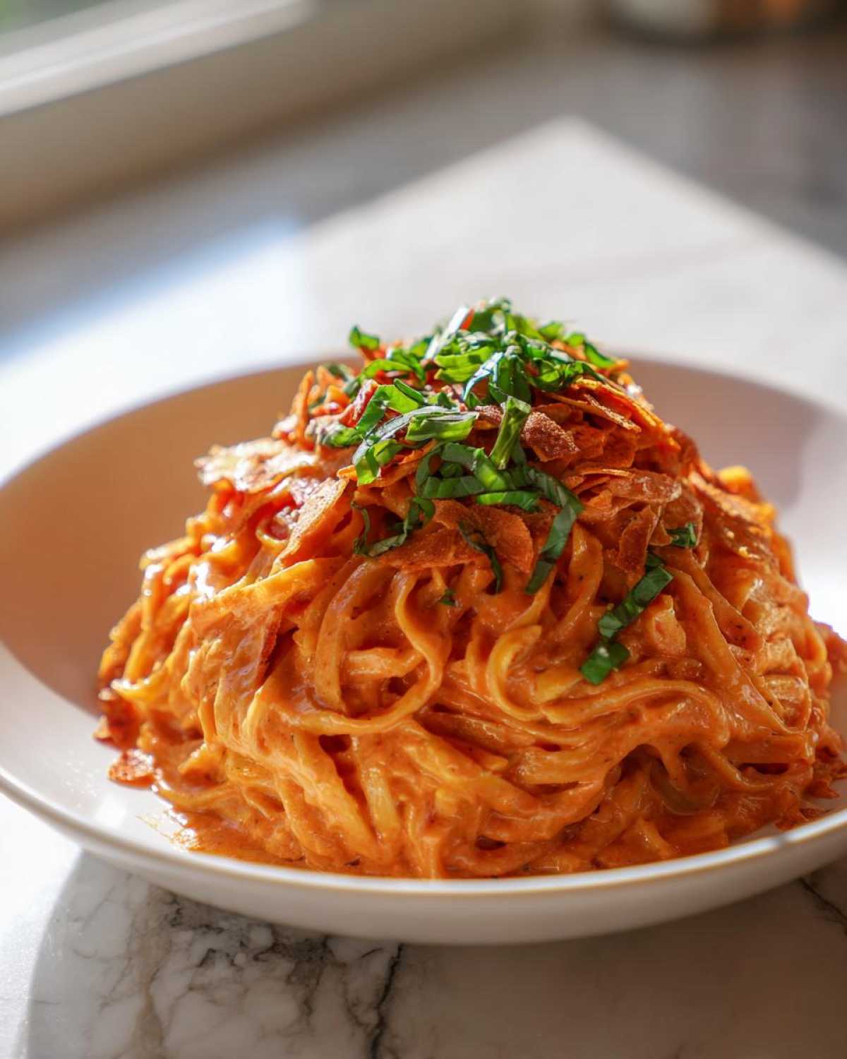 A close-up of One-Pot Creamy Tomato Basil Tortilla Pasta, topped with crispy tortilla strips and fresh basil.