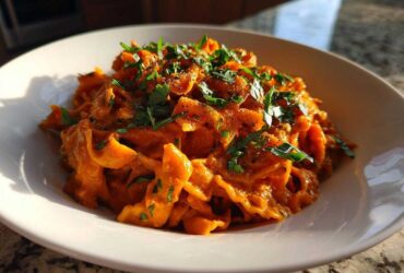 Close-up of One-Pot Creamy Tomato Basil Tortilla Pasta, richly coated in sauce and topped with fresh basil.