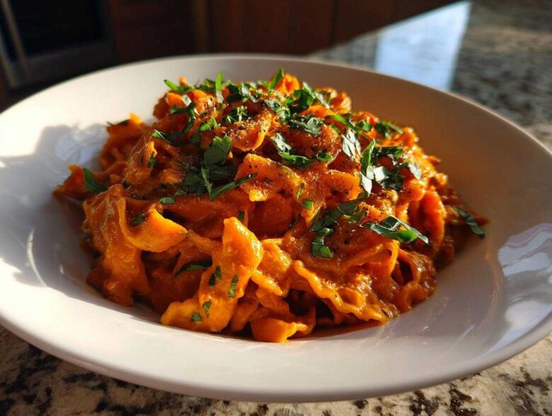Close-up of One-Pot Creamy Tomato Basil Tortilla Pasta, richly coated in sauce and topped with fresh basil.