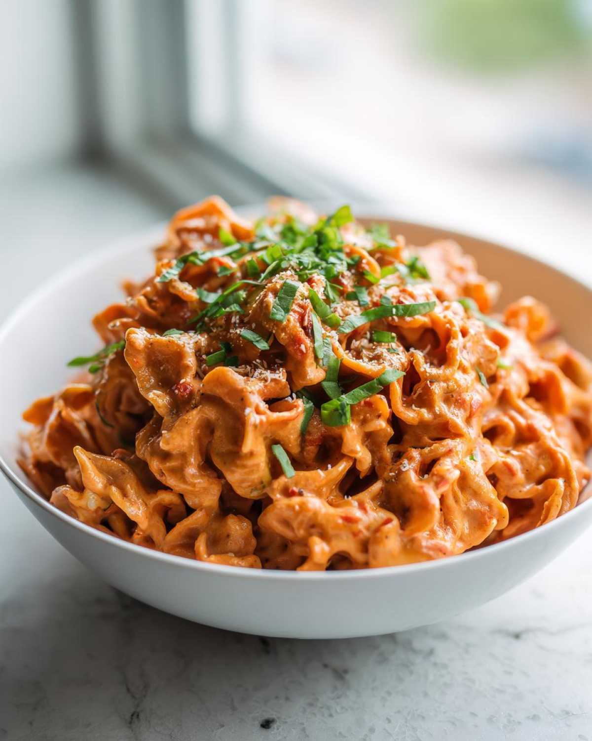 A close-up of One-Pot Creamy Tomato Basil Tortilla Pasta served in a white bowl, topped with fresh basil.