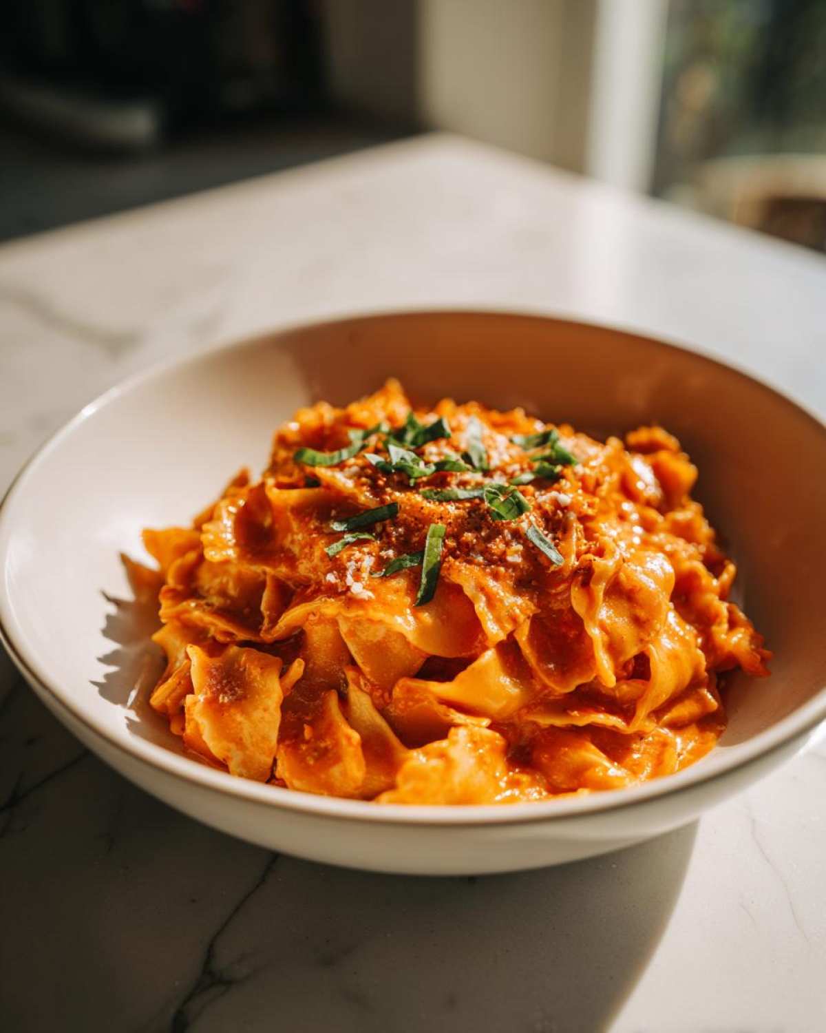 Close-up of One-Pot Creamy Tomato Basil Tortilla Pasta topped with fresh basil and Parmesan.
