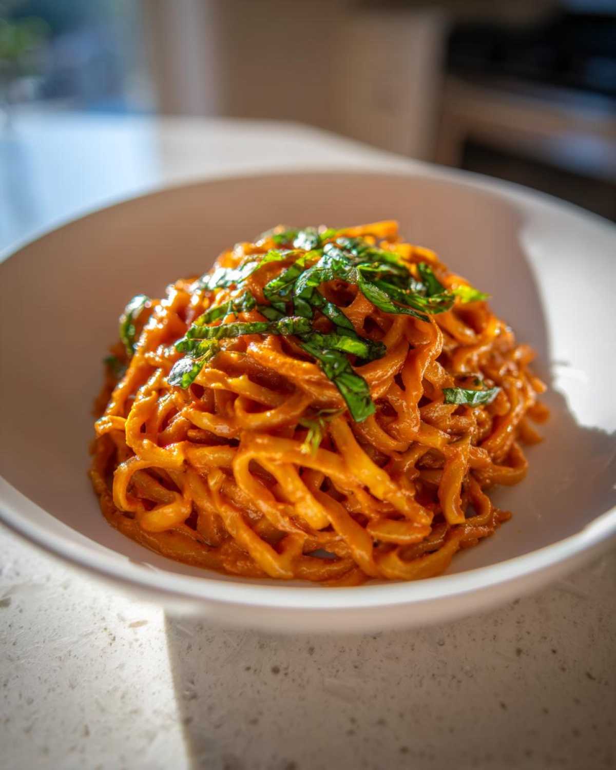 Close-up of One-Pot Creamy Tomato Basil Tortilla Pasta topped with fresh basil.