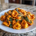 Close-up of One Pot Creamy Tomato Spinach Tortellini served on a white plate, topped with grated cheese.