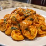 Close-up of a serving of One Pot Creamy Tomato Spinach Tortellini coated in a rich orange sauce.