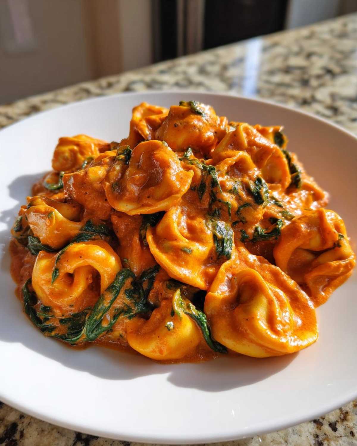 A close-up of One Pot Creamy Tomato Spinach Tortellini served in a white bowl under bright light.